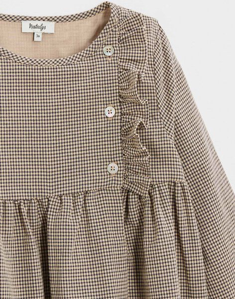 Robe enfant manches longues en vichy beige et gris IVANILLE 23-K / 24I129114N18080